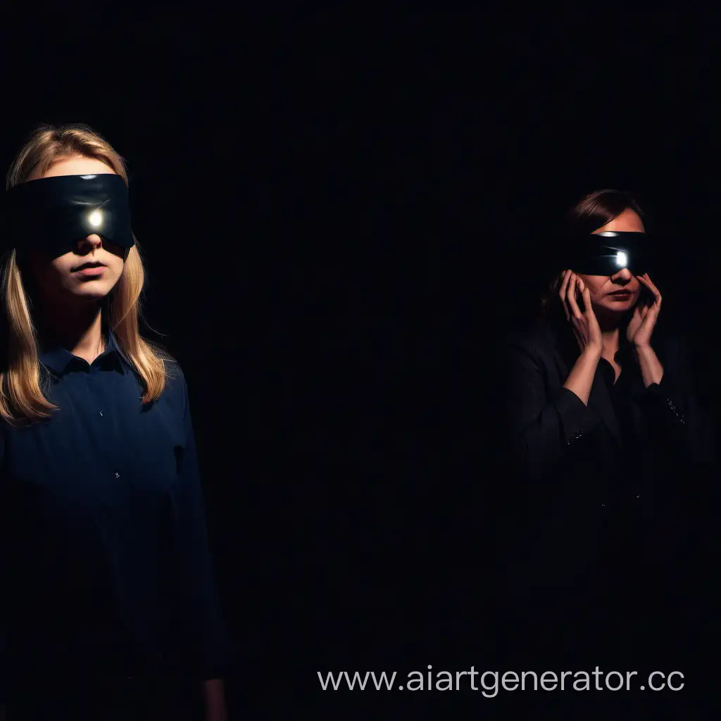 сгенерируй фотовыставку в темноте, где будут стоять люди, снимающие повязки с глаз
