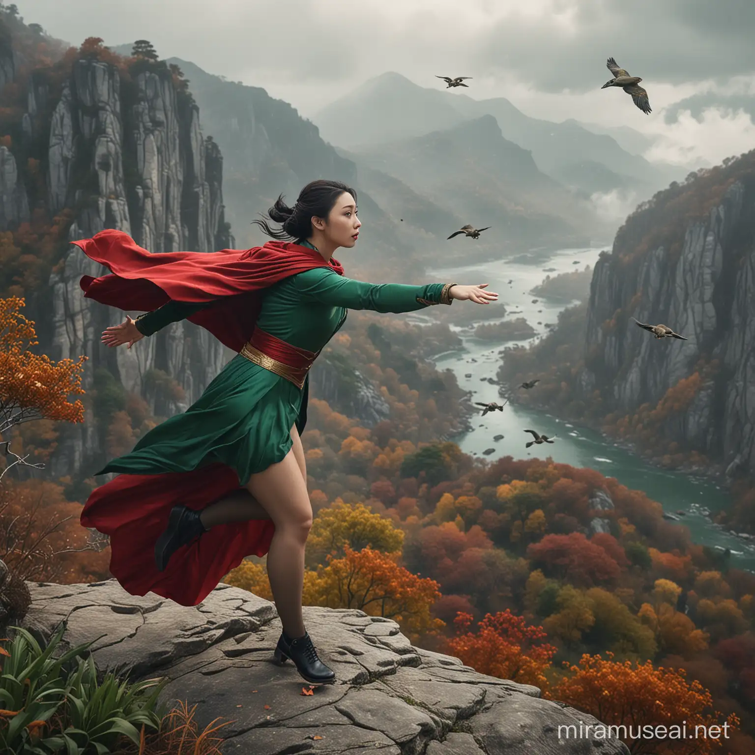 color splash, The red cloak is fluttering，romantic, 8k, baroque, vibrant,birdview , ultra detail ,SUPER WOMAN real scale face 28years old fanbingbing WITH THE OUTFIT OF SUPERMAN, open green hair, shining eyelights, real flying over sharp cliff in air flying, real hand properly , real longer leg flat extend, autumn, cloudy, misty ,clearsky, flying mallard scared by her, vast moutain around,