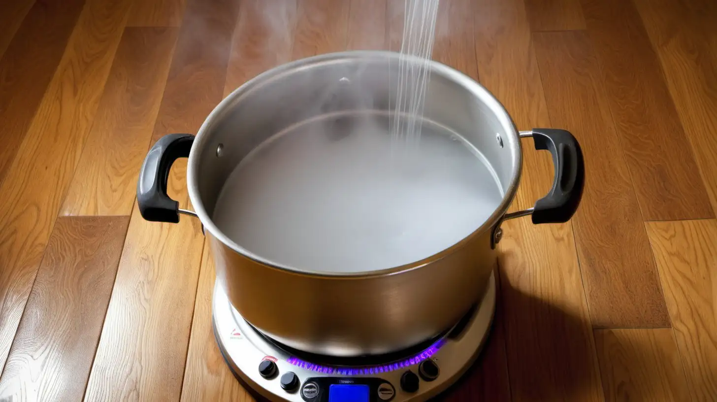 boiling water on pot on wood floor