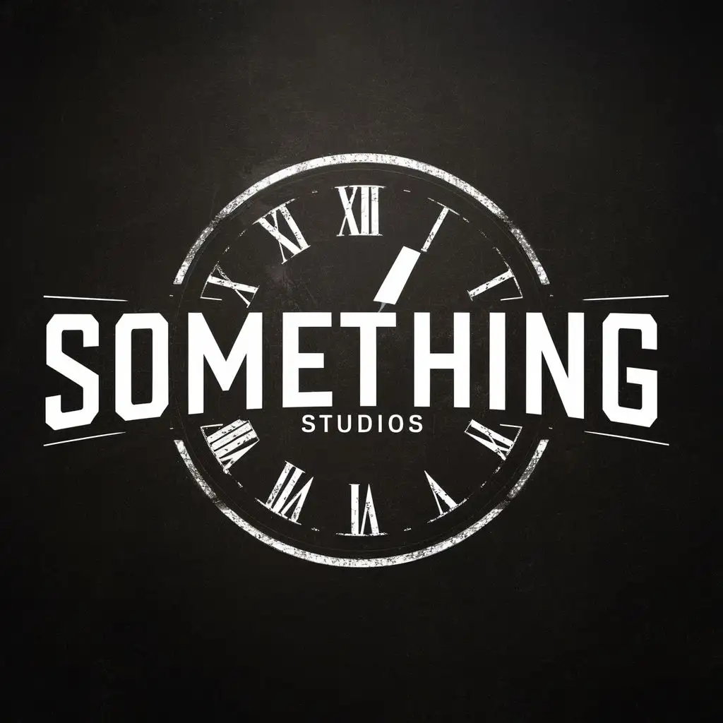 logo, clock, with the text """"
Something Studios
"""", typography, be used in Entertainment industry