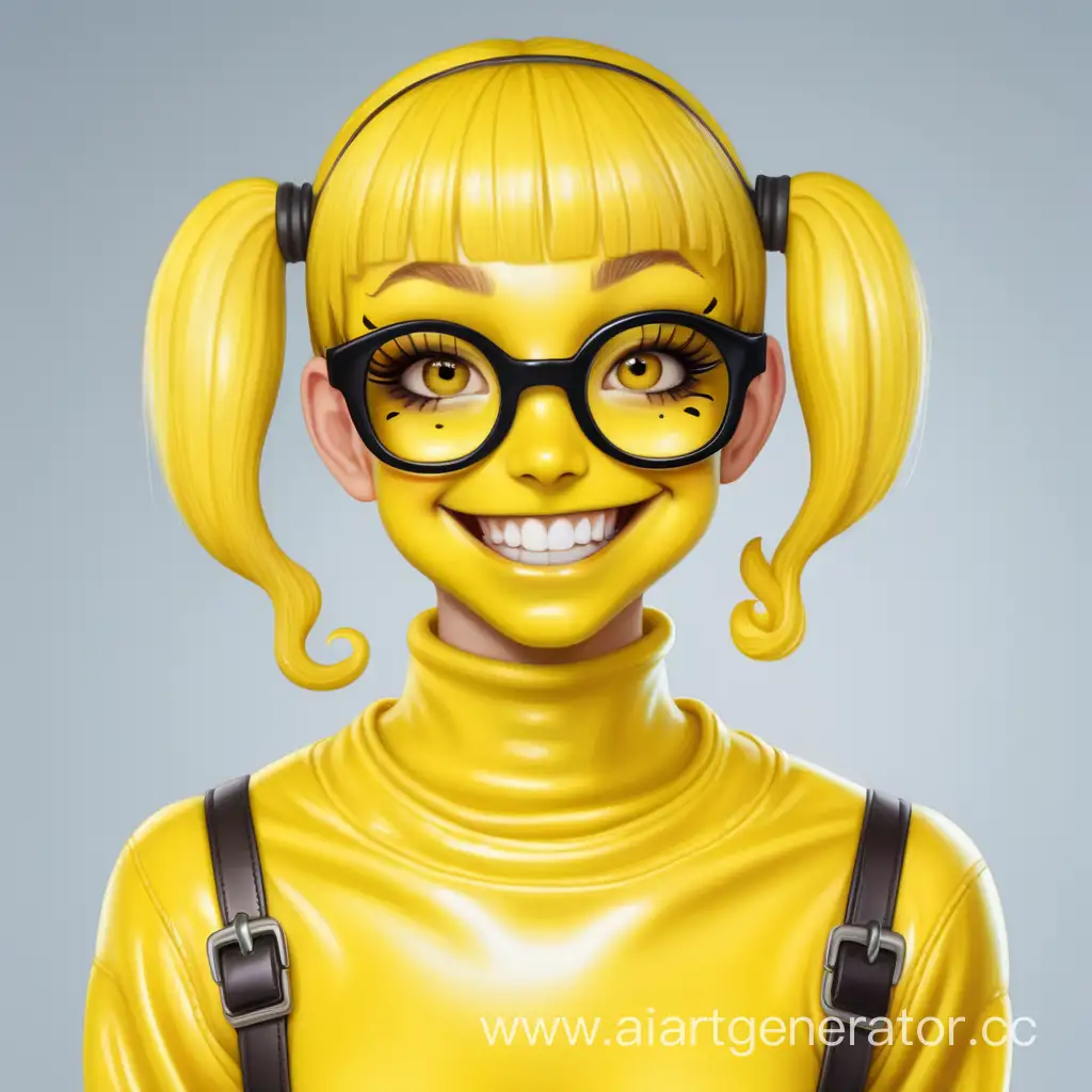 Хуманизация Nerd смайлика в латексную девушку с полностью желтой латексной кожей с желтым латексным лицом Изображение сделать в милой стилистике