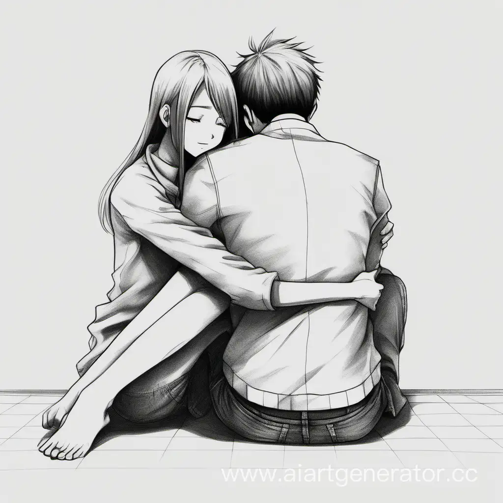 This is a reference drawing for drawing in manga style, with realistic proportions. It shows a guy and a girl sitting next to each other, hugging their knees. The figure shows only the outline of the figure. There are no clothes, no hair, no eyes in the drawing, just blanks in the form of a pose