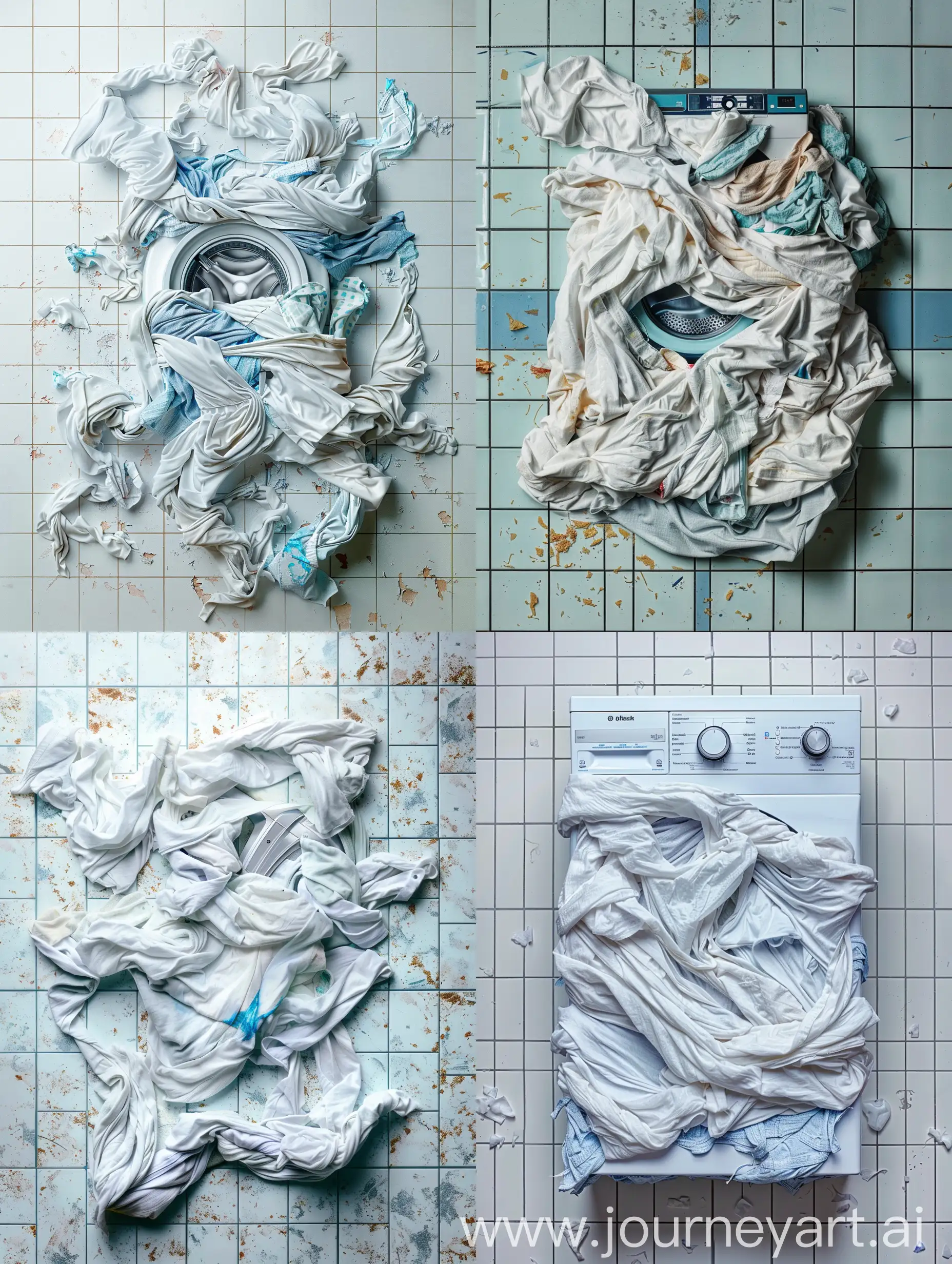 Creative-Laundry-Art-Washing-Machine-Made-from-Dirty-Clothes-on-Tiled-Floor