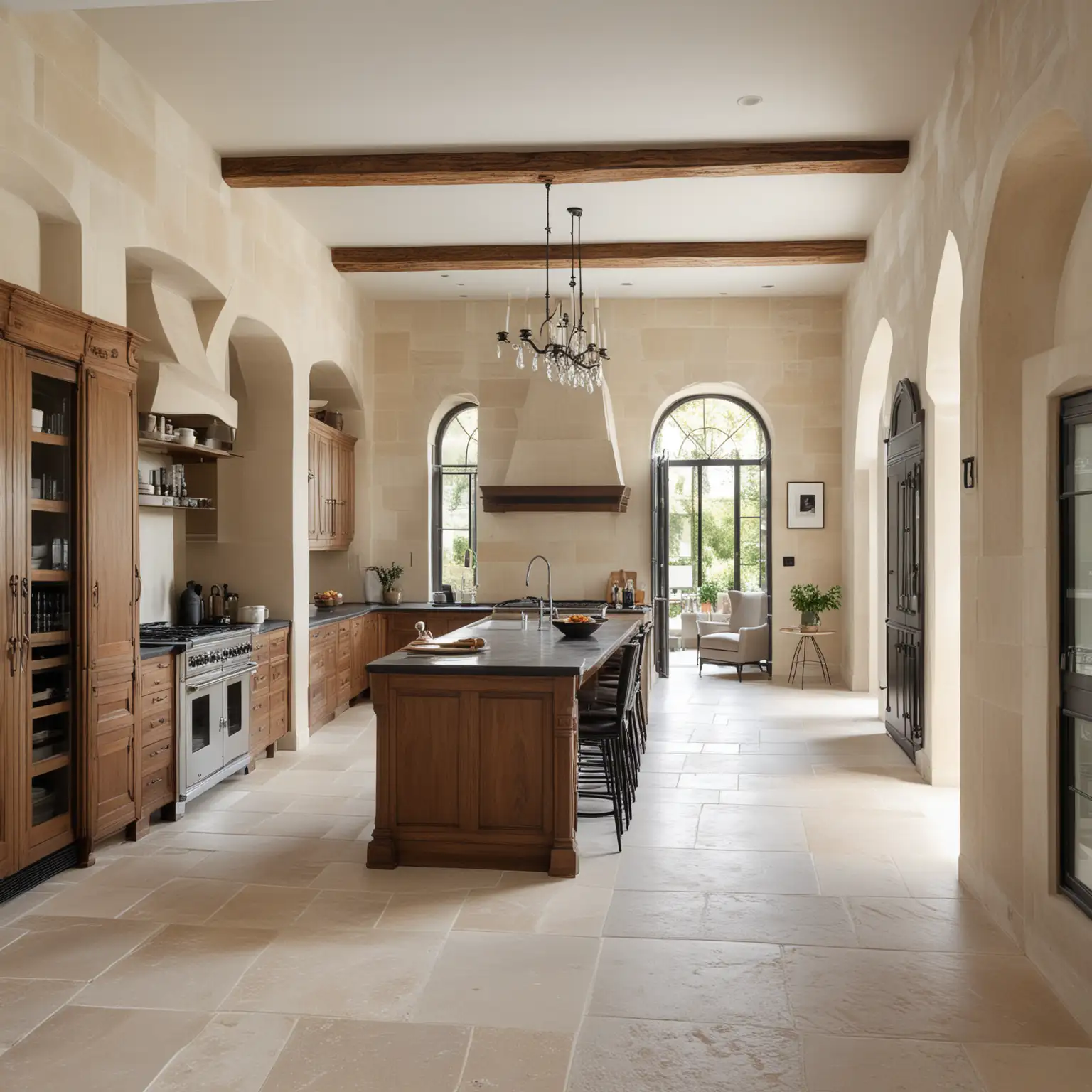 a modern French chateau estate home kitchen of limewash walls, limestone floor,  walnut wood,  beige and black, 