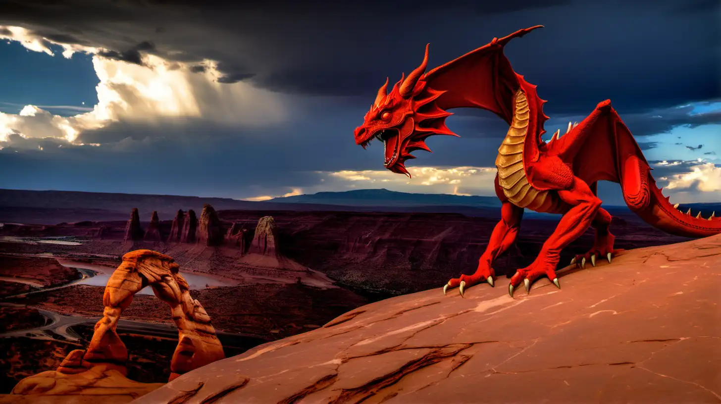Majestic Red Dragon Perched on Delicate Arch with Dramatic Evening Sky