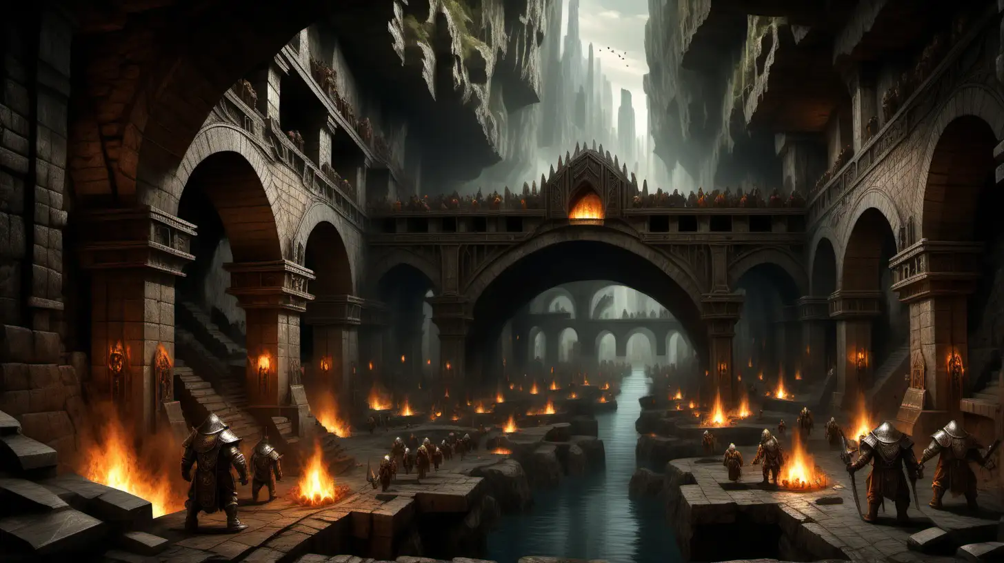 underground dwarven city with massive stone bridge; blazing armory forges