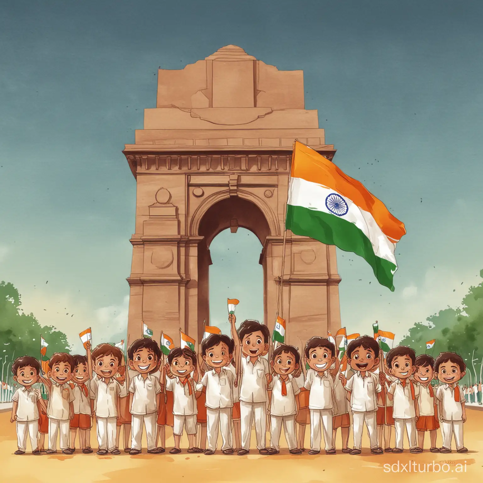 Indian-Independence-Day-Celebration-Children-Holding-Flag-with-India-Gate-Background