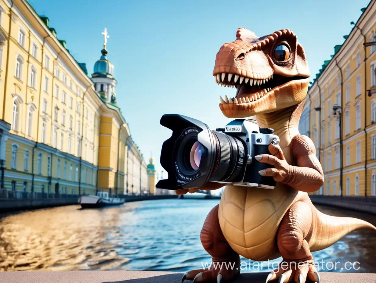 динозавр в лапах держить фотоапорат, фон Питер 