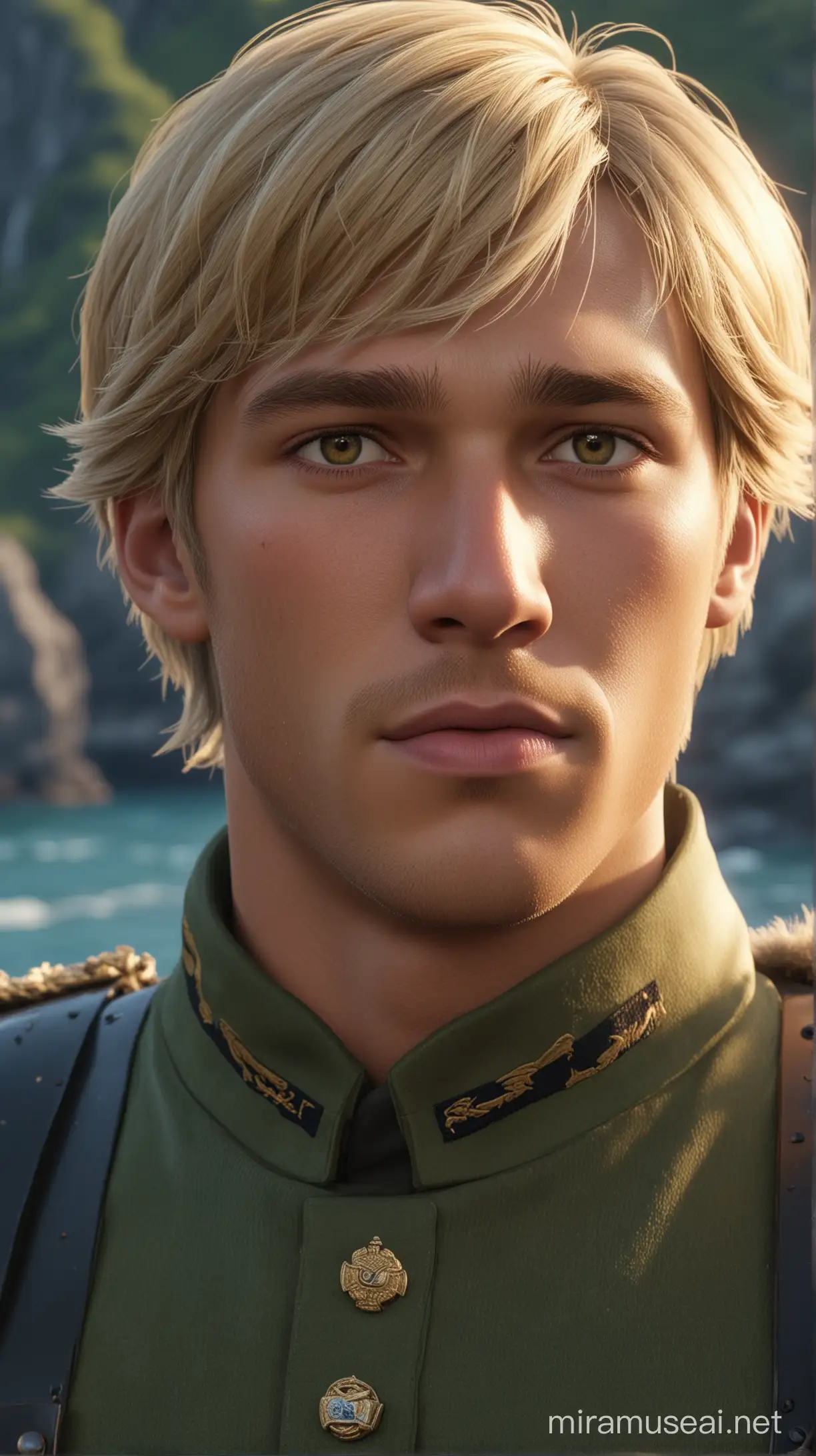 in a sea natural background military there are disney prince Kristoff is Norway 21-years and  
Medium-long blonde hair and brown eyes  and camouflage military uniform and navy and muscled an face beautiful 8k re solution ultra-realistic