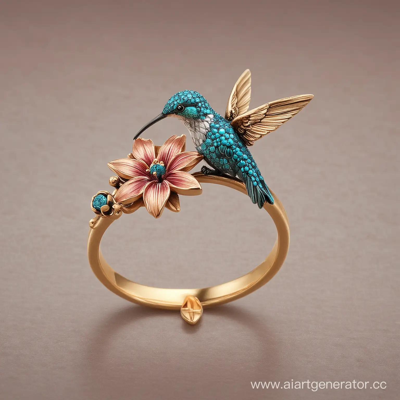 a ring with a hummingbird and a single flower