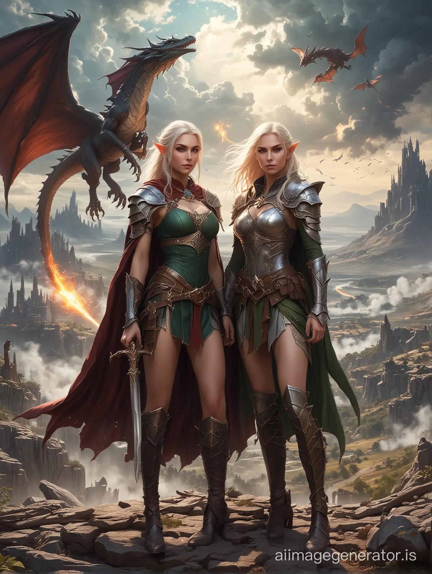 the female elven warrior and her female mage friend. Scantily dressed, fantasy setting. the battlefield behind them. no weapons. wizard wears a cape. dragon in the sky