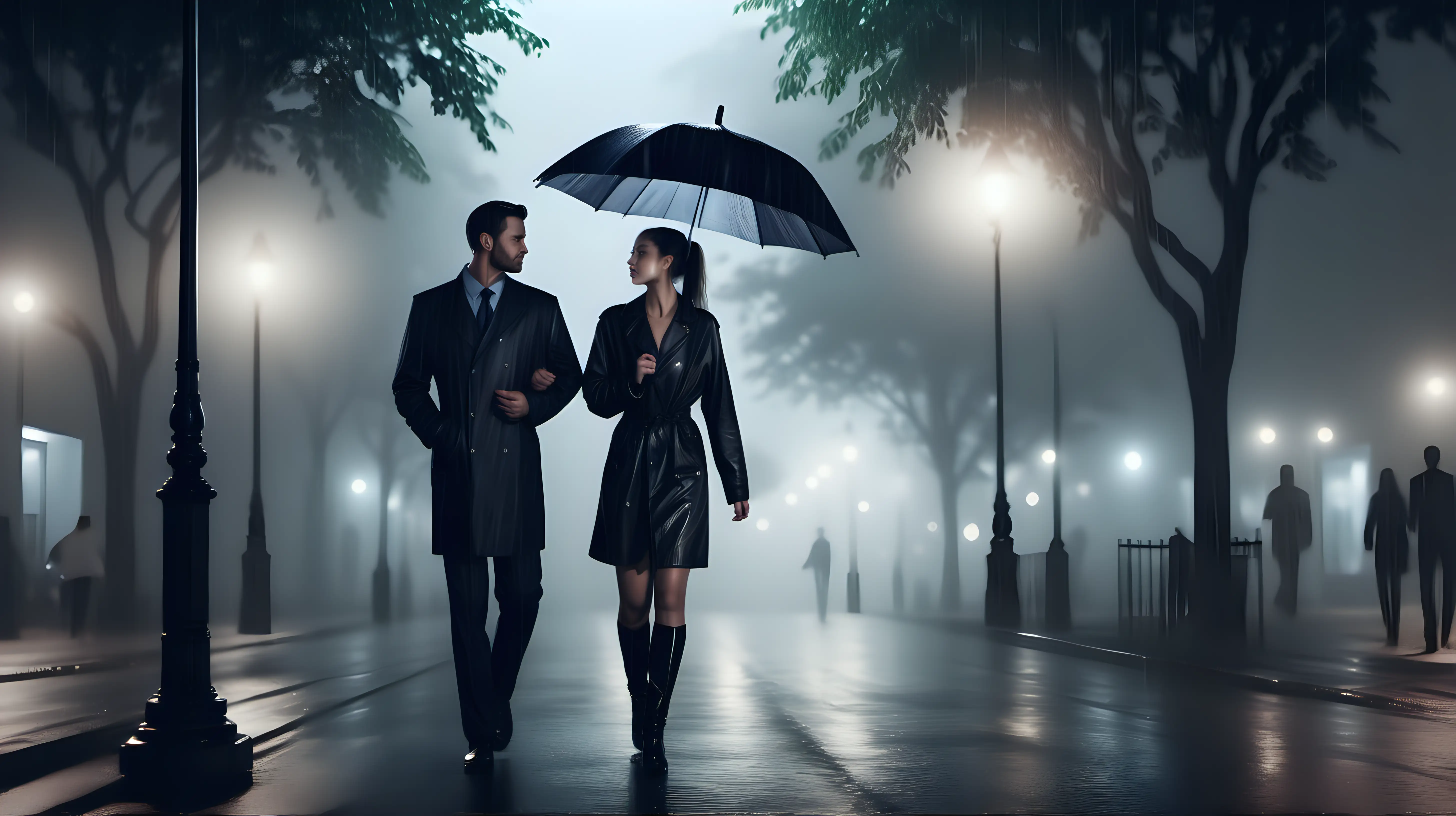 ultrarealistic couple man and women walking in front under umbrella in the rain large street night lamps fog