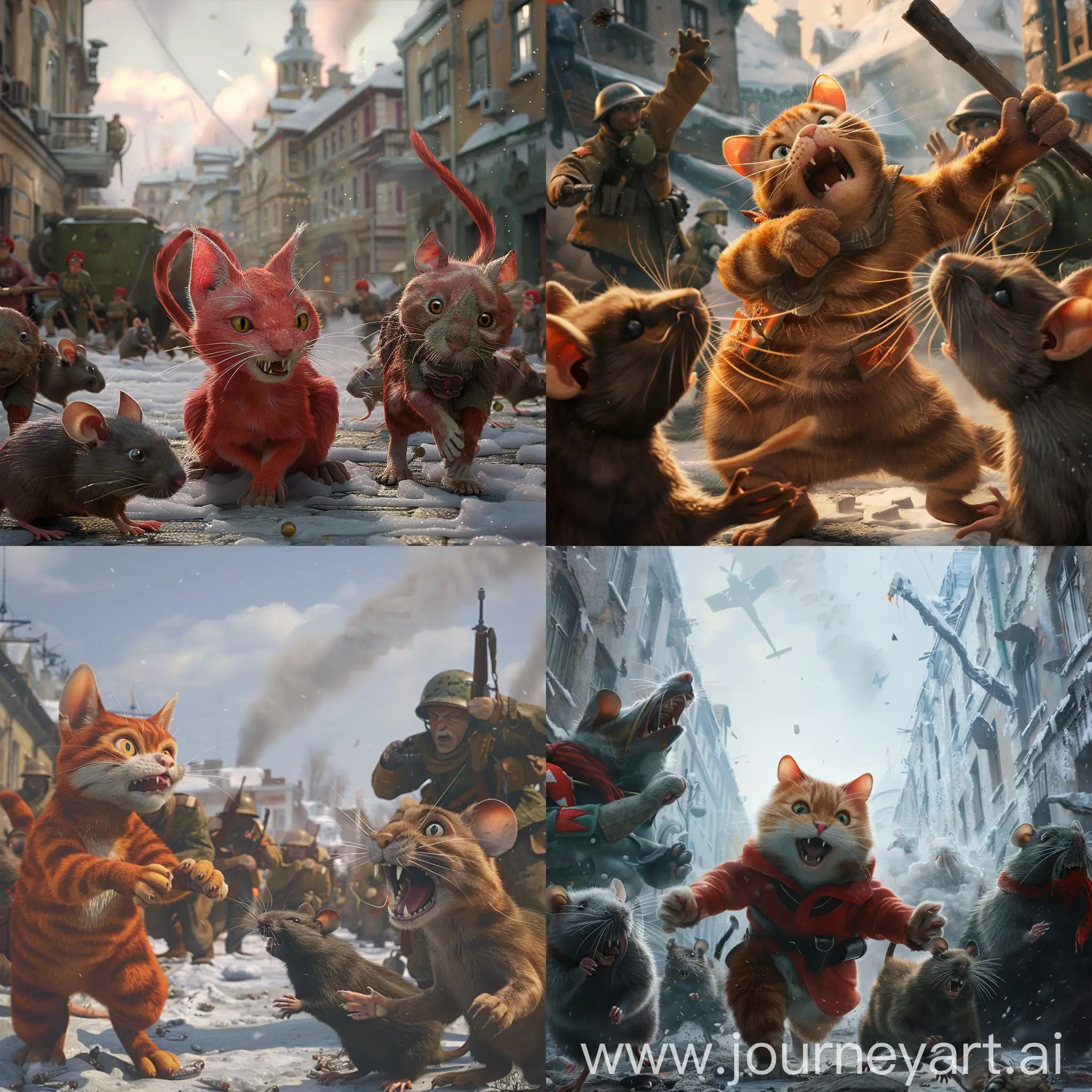 Red army cats battle with German army rats, fighting, hunger, hero, Leningrad, WWII, 1943, Pixar animation style