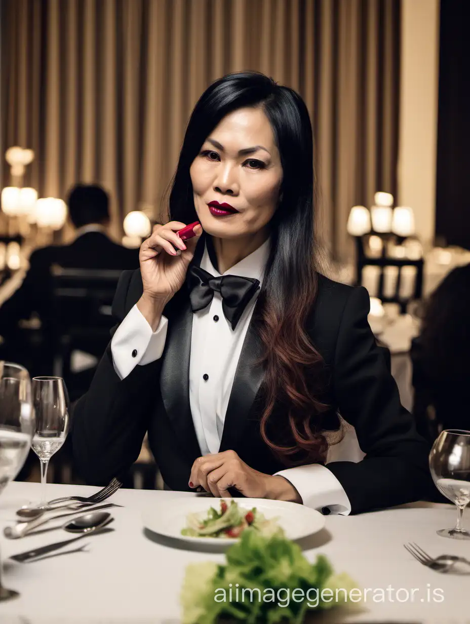 40 year old stern vietnamese woman with long hair and lipstick wearing a tuxedo with a black bow tie.  She is at a dinner table.