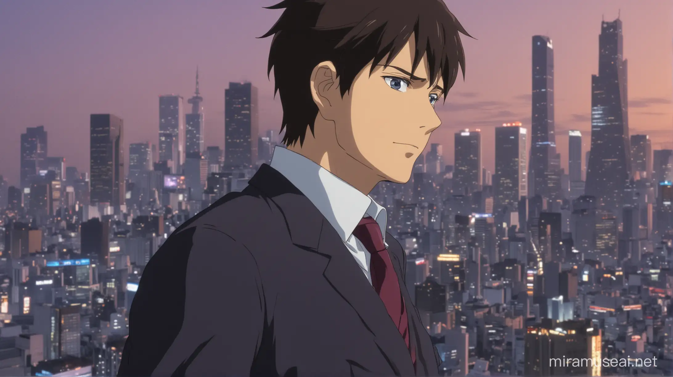 Anime, Tokyo middle aged Business man Kaito, standing on a rooftop, gazing out at the Tokyo Skyline.
Show close-up shots of Kaito's troubled expression as he contemplates the uncertain future.