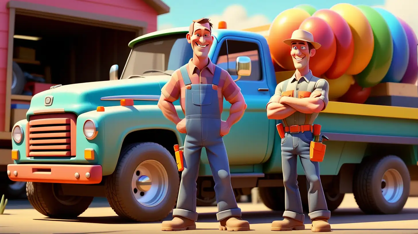 Happy 45 year old carpenter standing in front of his big pick up truck that's towing a trailer COLORFUL, pixar style, NO WATERMARK
