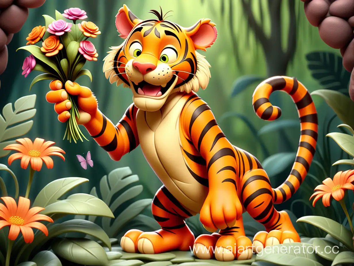 A kind Tigger in a fairy-tale jungle stands on his hind legs, holding a bouquet of flowers in his front paws. The tiger smiles.  