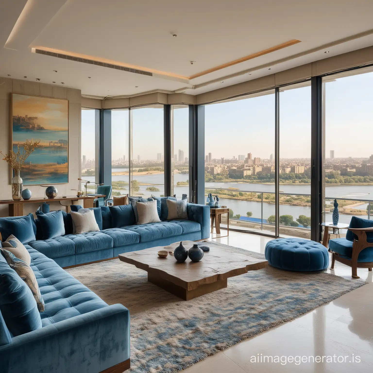 A lavish apartment interior design with a Nile River panorama, featuring contemporary furniture, a blend of earthy and blue hues inspired by the river, floor-to-ceiling windows allowing natural light to illuminate the space, and a serene, airy ambiance, Sculpture, using clay and mixed media