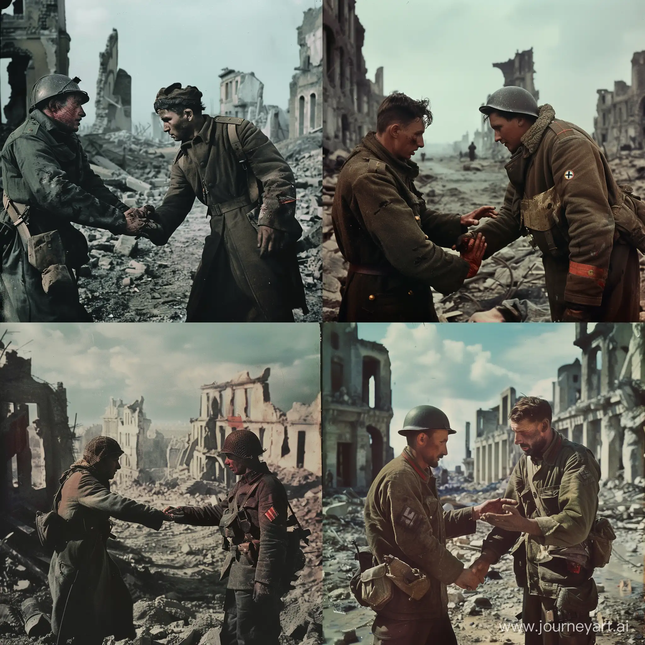 A French-Soviet partisan holds out his hand to a German wounded soldier against the backdrop of a destroyed city. The faces are not visible.
