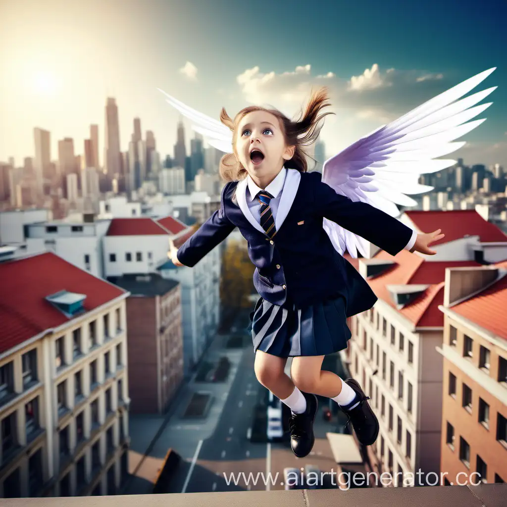 Маленькая девочка в школьной форме с красивыми крыльями летит над городом она удивлена