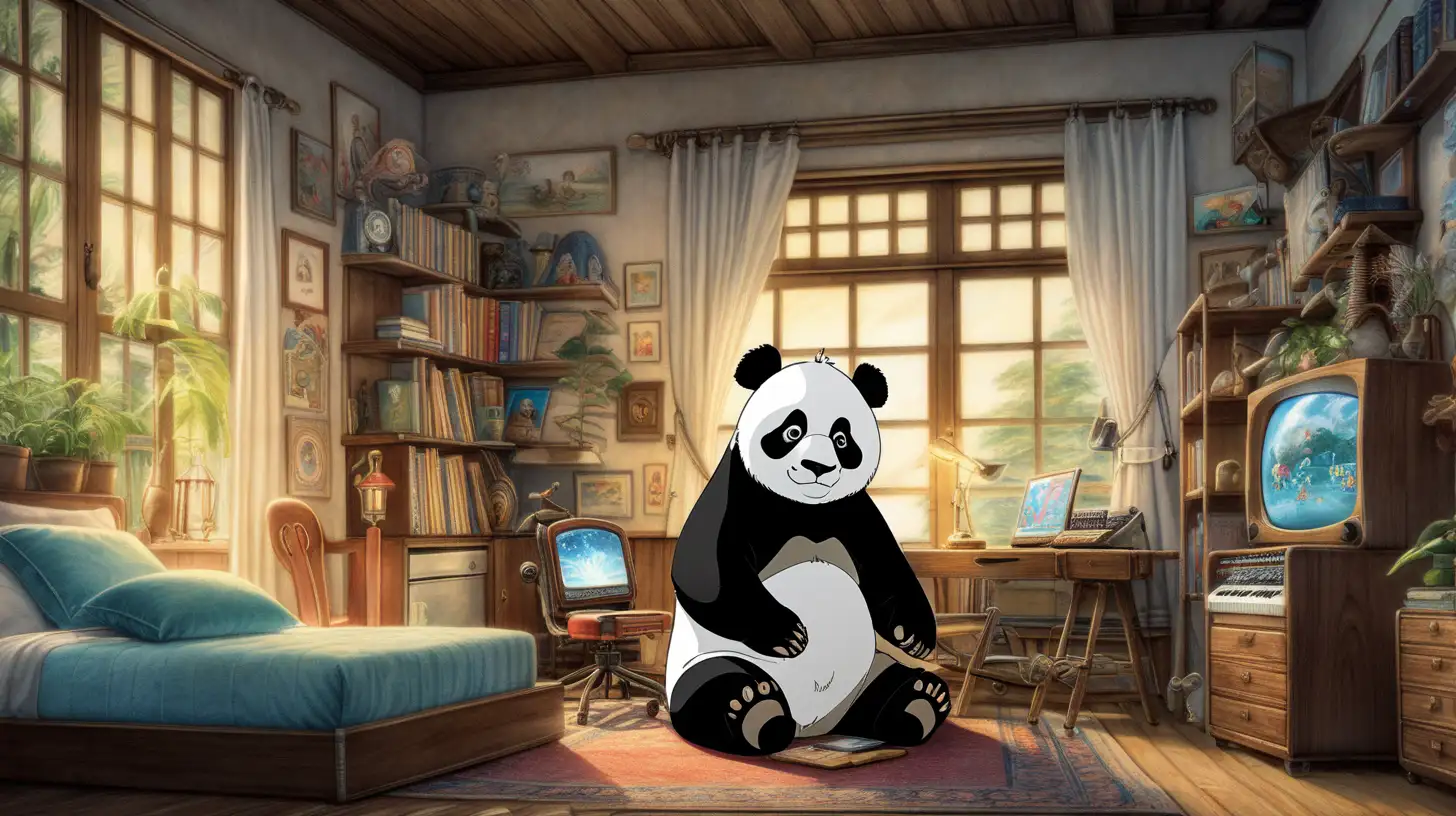 a panda bear, beauiful illustration of fantasy, wonderland, producing music in his bedroom, soothing, dark, dreaming, music, amazing detailed game poster, Hayao Miyazaki --ar3:2 --niji 5