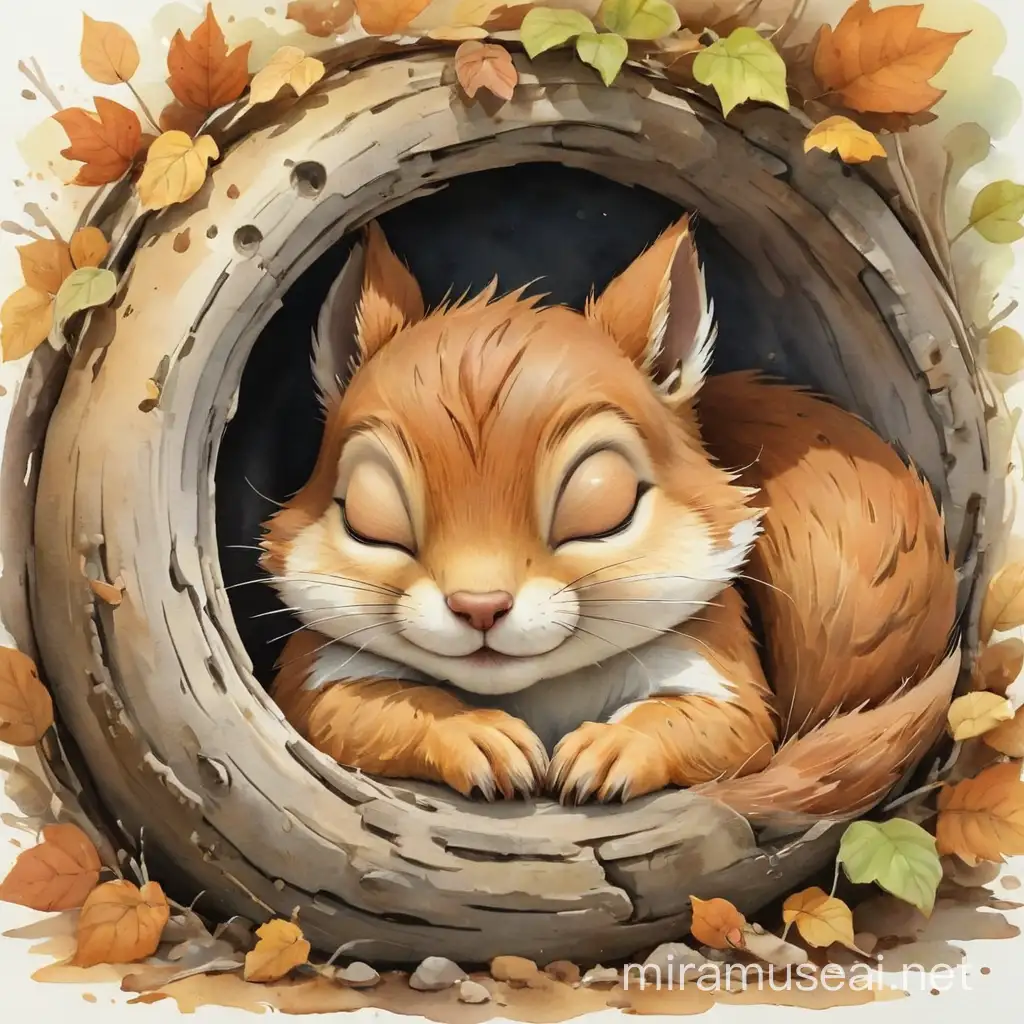 very cute little squirrel sleeping curled in a hollow, full body, chibi eyes, watercolor