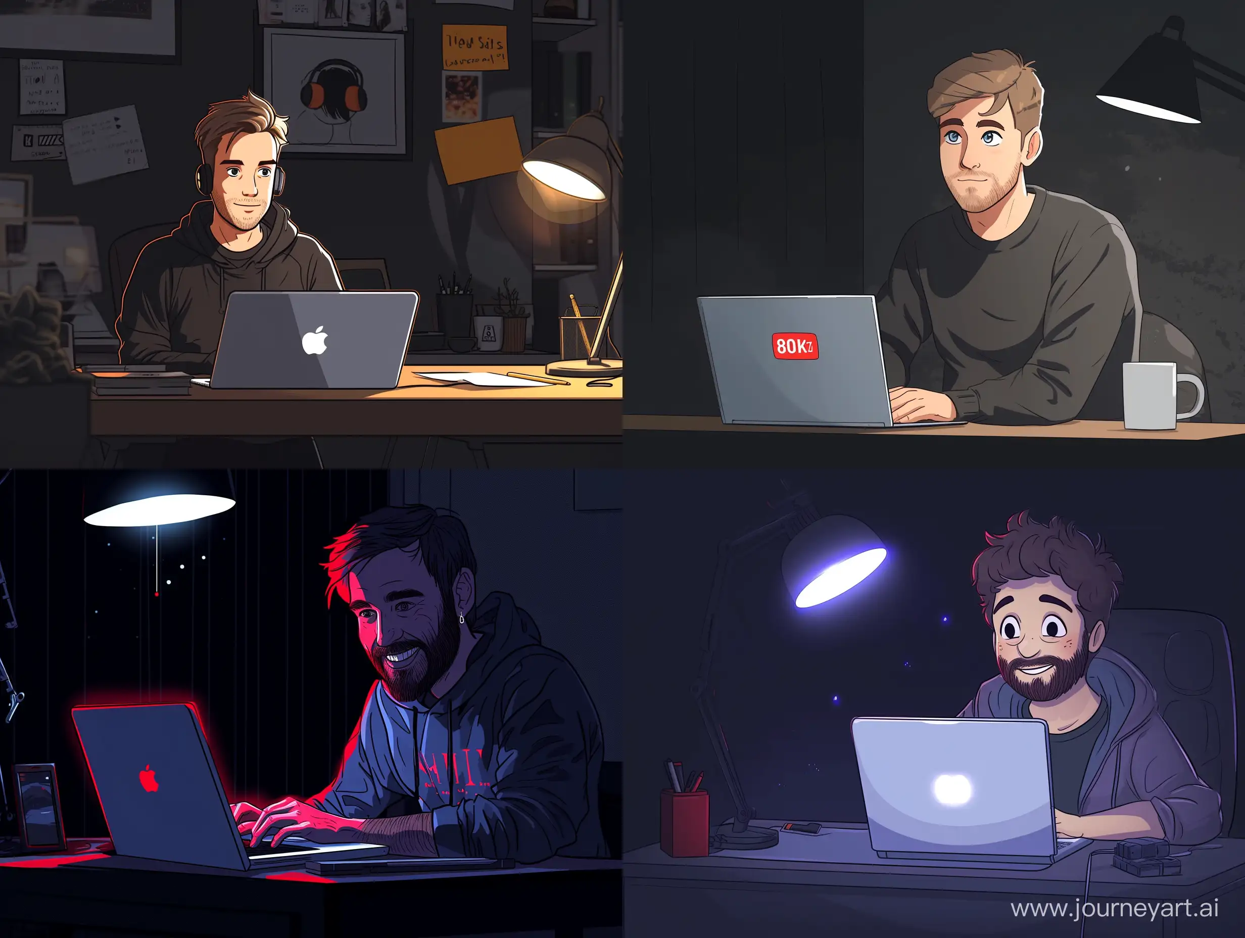 Create a picture of a handsome cartoon YouTuber man, desk, laptop, dark background, art, 8k quality