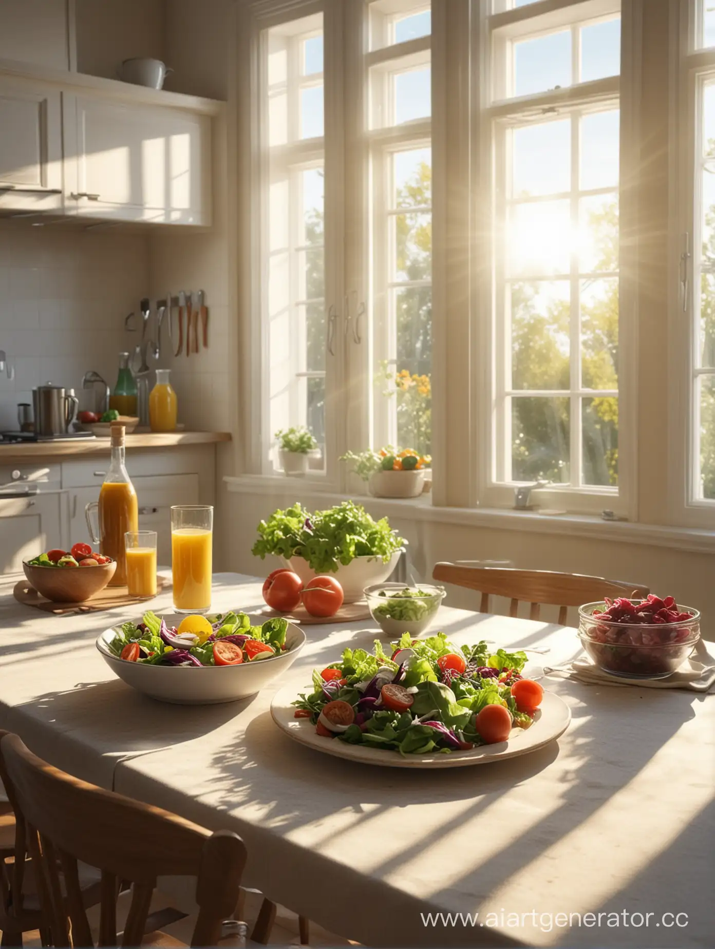 Sunlit-Kitchen-with-Fresh-Salad-on-Table-in-a-Luxurious-Home