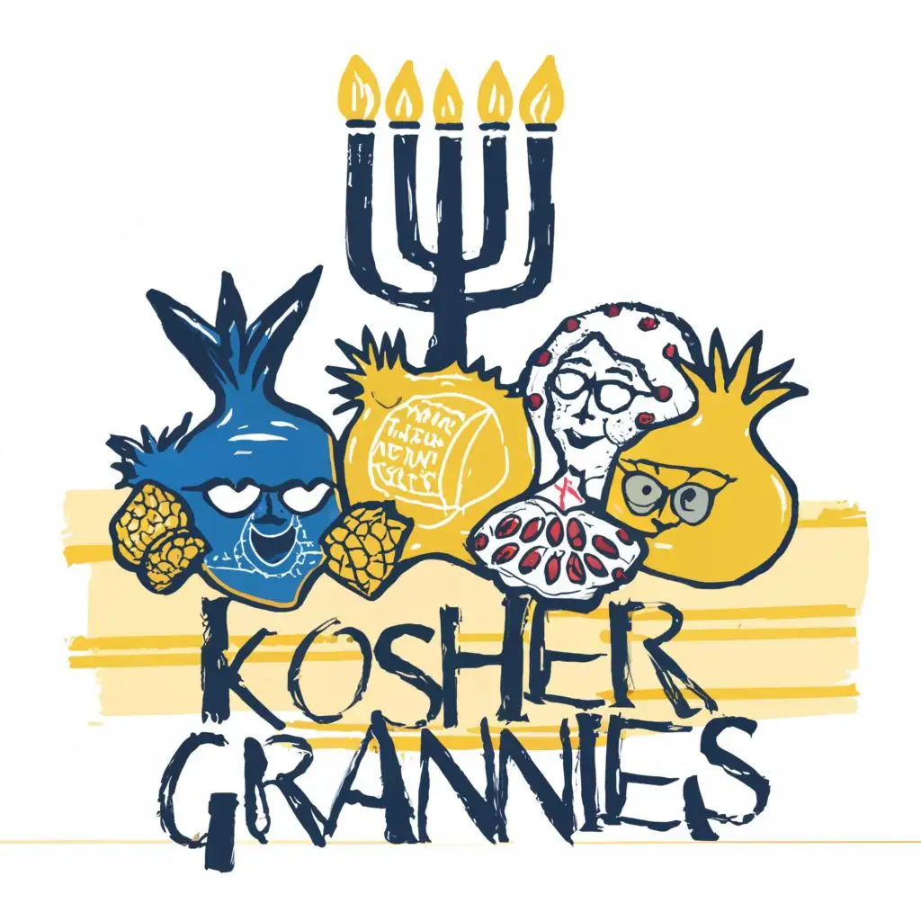 logo, Israel, yellow, blue, white, Menorah, Paul Klee, pomegranates with grannies faces and headscarf, Star of David, Jerusalem, on tablecloth,  with the text "Kosher Grannies", typography, be used in the automotive industry