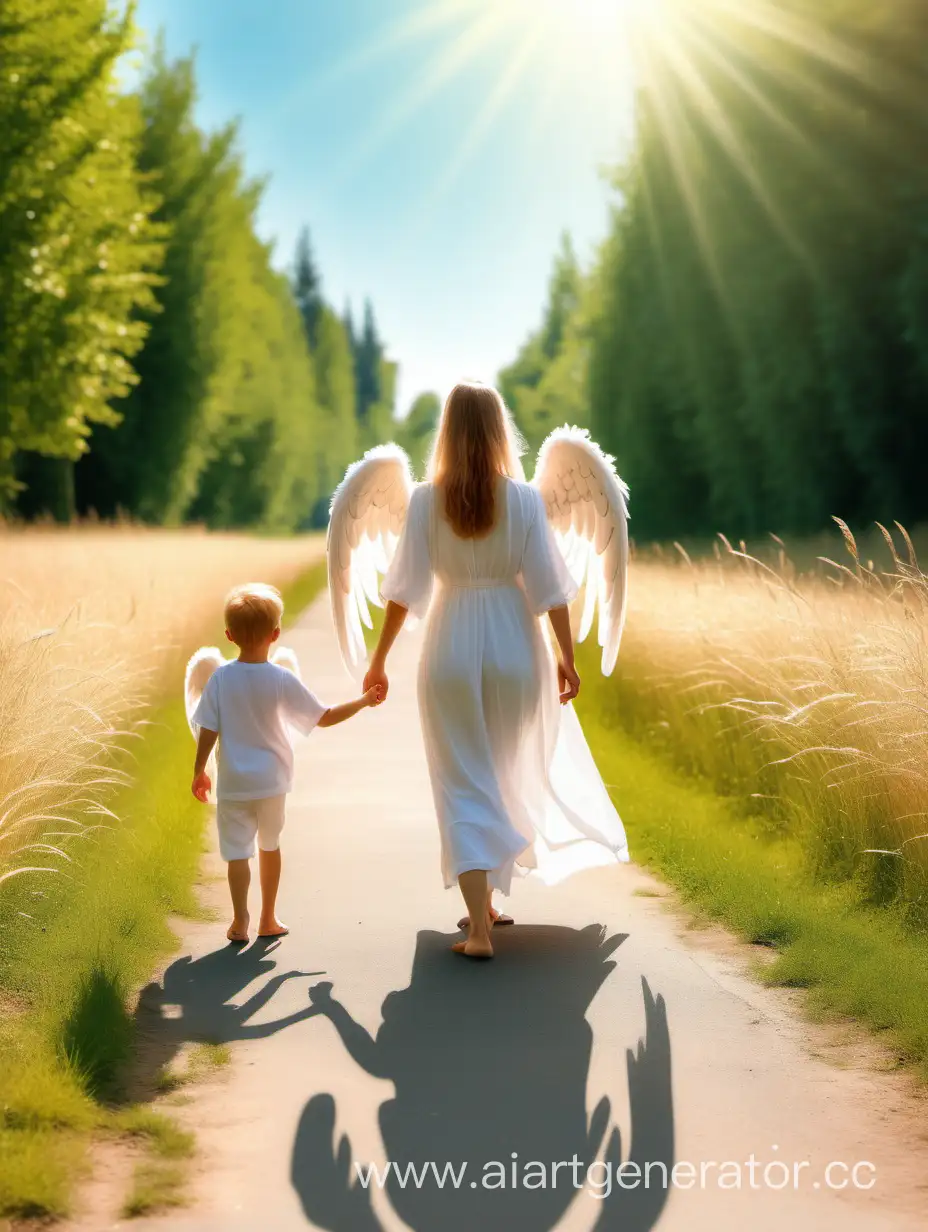 Идущий вдаль ангел с ребёнком летним солнечным днём. Светлая картина