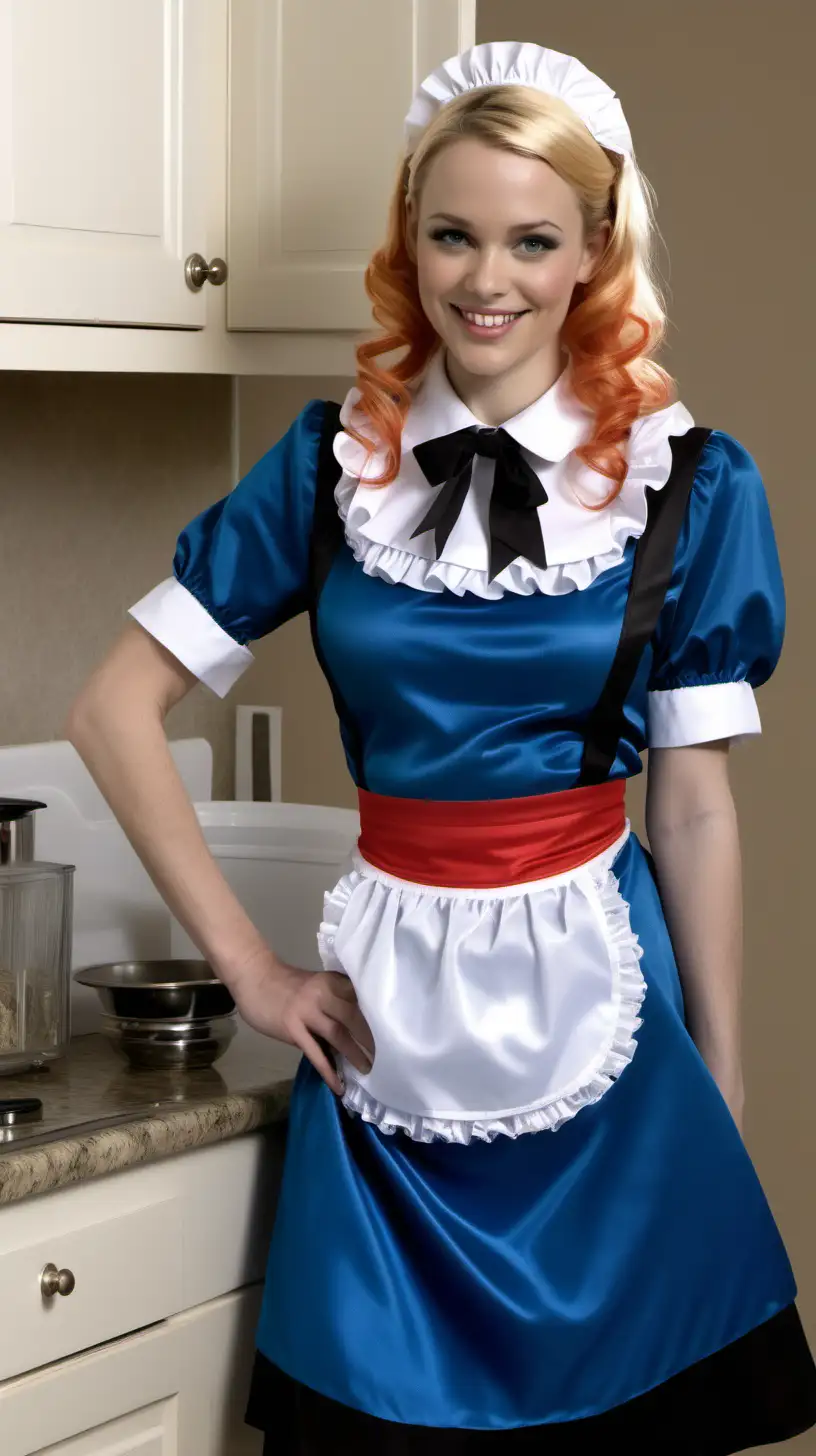 girls in long crystal silk   retro strong style BLUE french maid gown with L apron and peter pan colar and long and short sleeves costume and milf mothers long blonde and red hair,black hair rachel macadams  smile in house