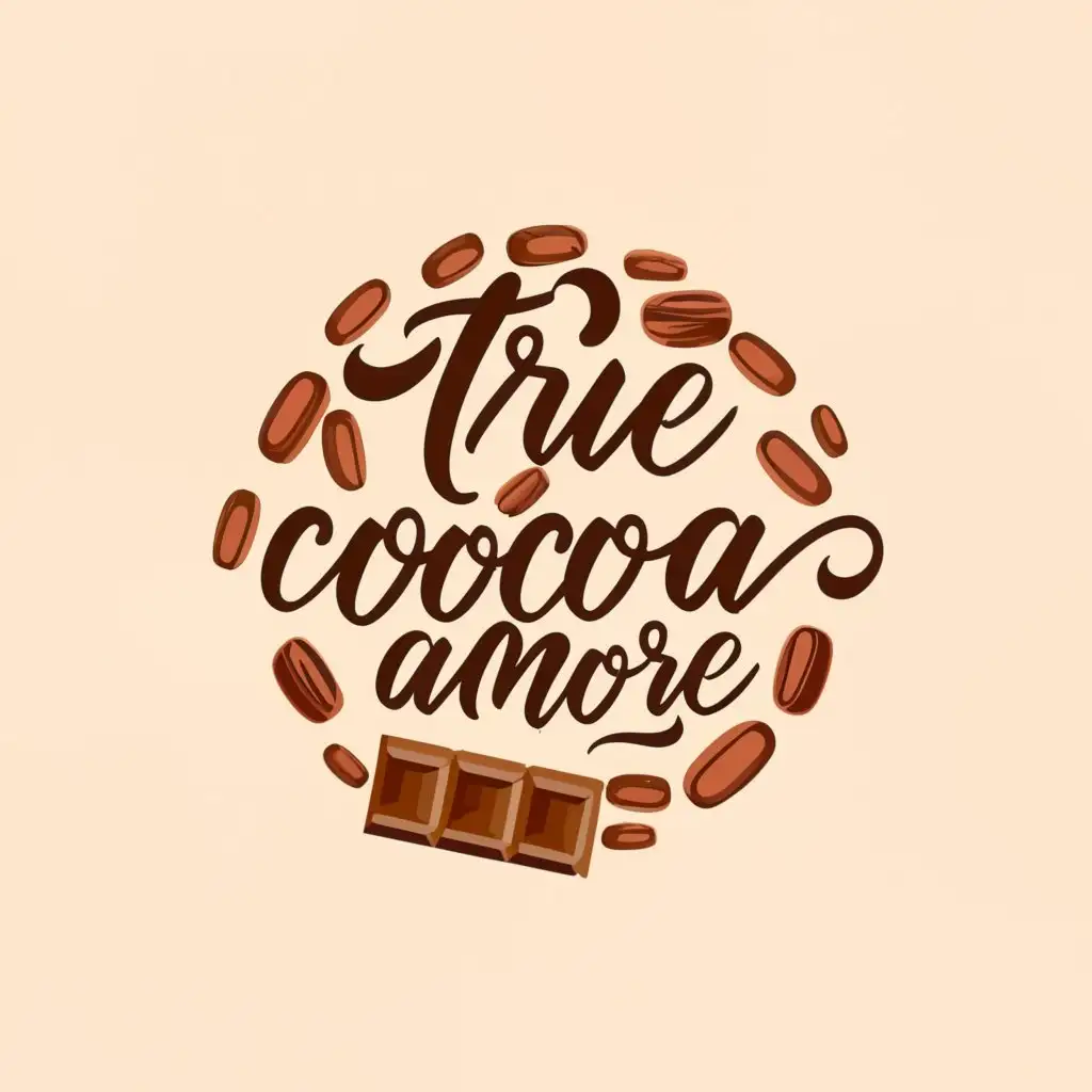 a logo design,with the text "True Cocoa Amore", main symbol:Cocoa Beans, Chocolate Bar,Minimalistic,clear background