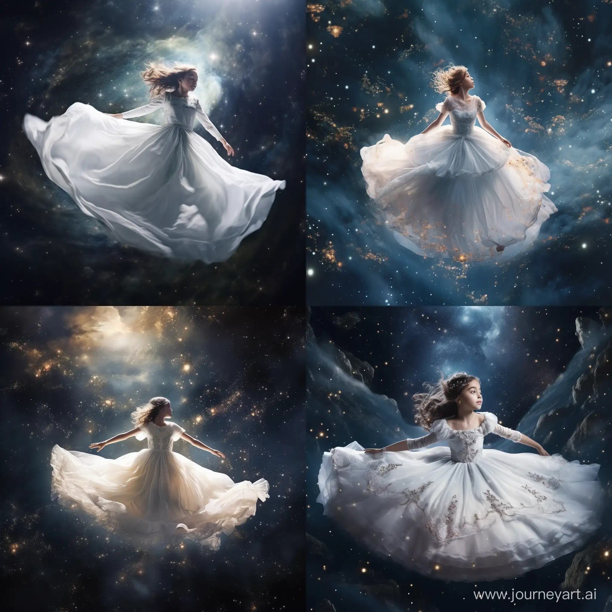 一个小女孩穿着白色的婚纱，漂浮在银河中