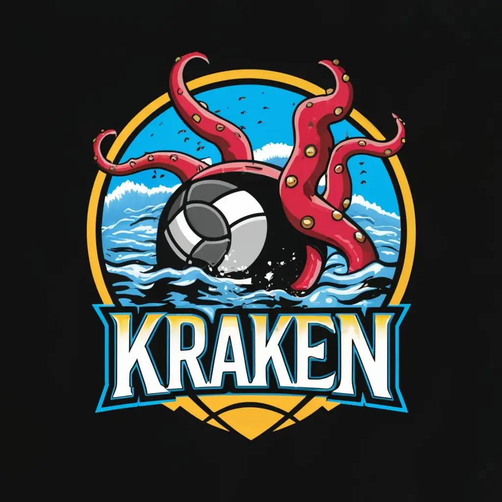 a logo design,with the text "KRAKEN", main symbol:KRAKEN HITTING LARGE VOLLEYBALL,Moderate,clear background