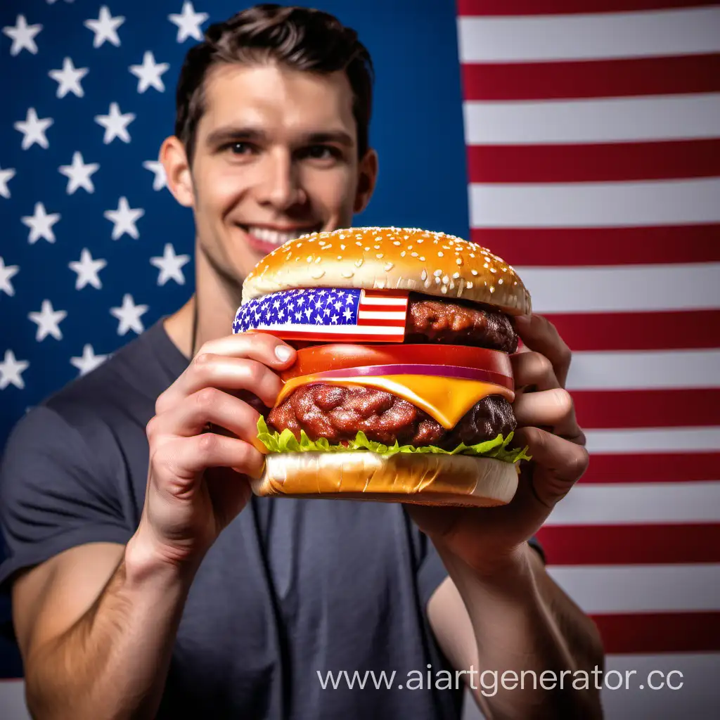 сделай фото  американца с бургером в руках на фоне американского флага