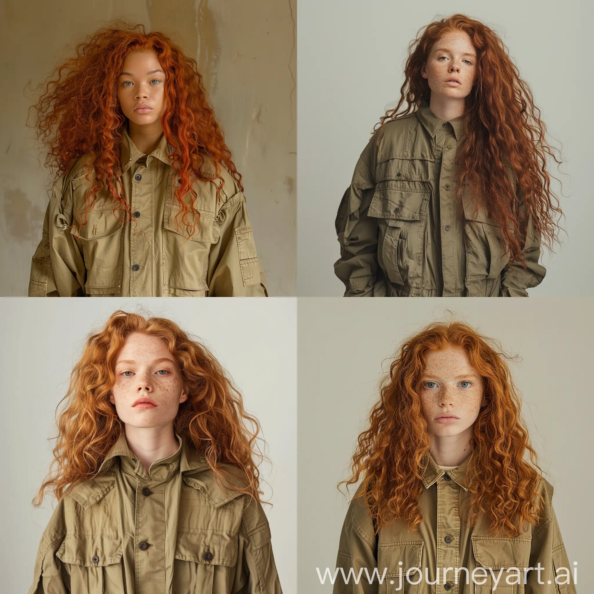 light skin woman in baggy masculine outift with medidum long curly red hair