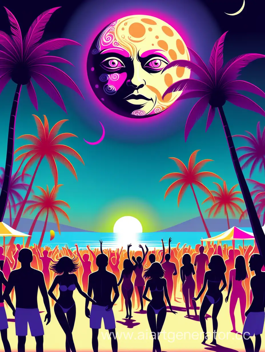background for flyers, DIGITATAL ART, FULLMOON BEACH PARTY, PEOPLE DANCE, PSYCHEDELIC ART