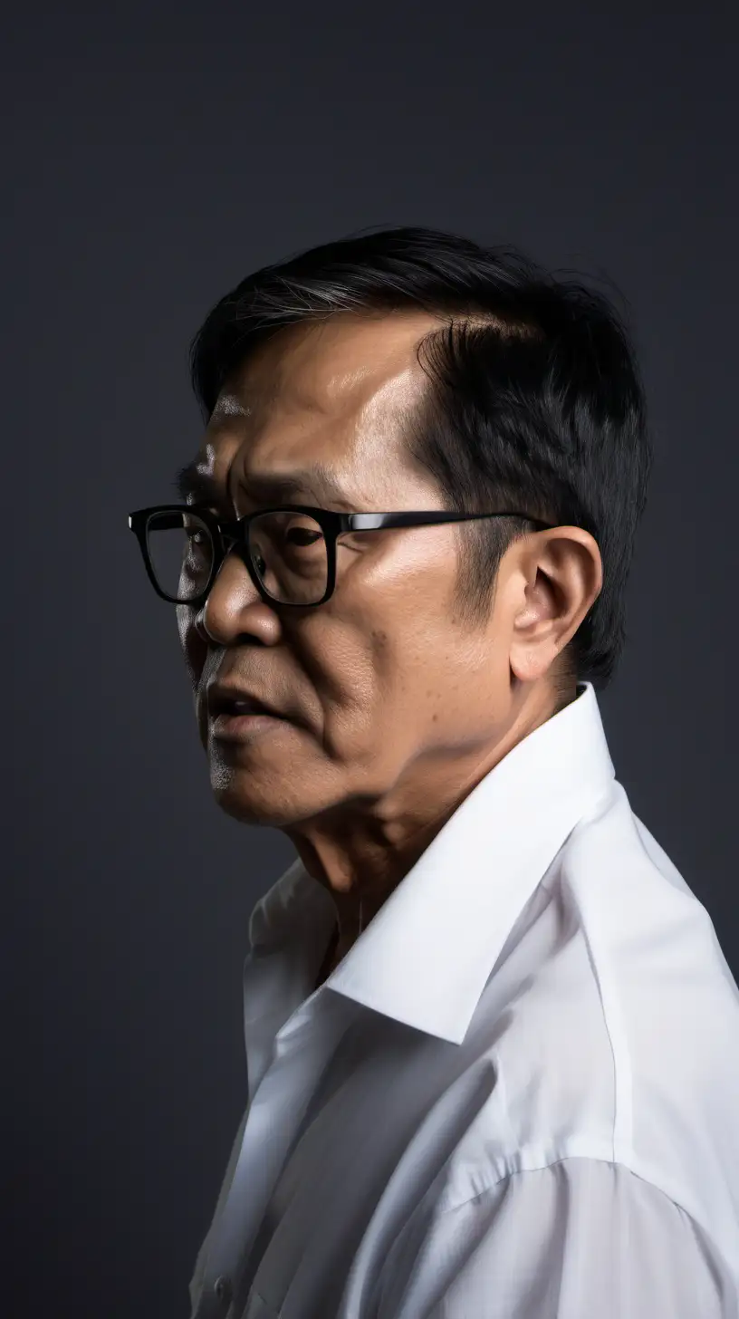 a 60 year old south east asian man, medium figure, black short sleek hair, wearing glasses, wearing white shirt, facing left side profile, half body shoot, half face side profile,mad expression, half side, up to his body shoot