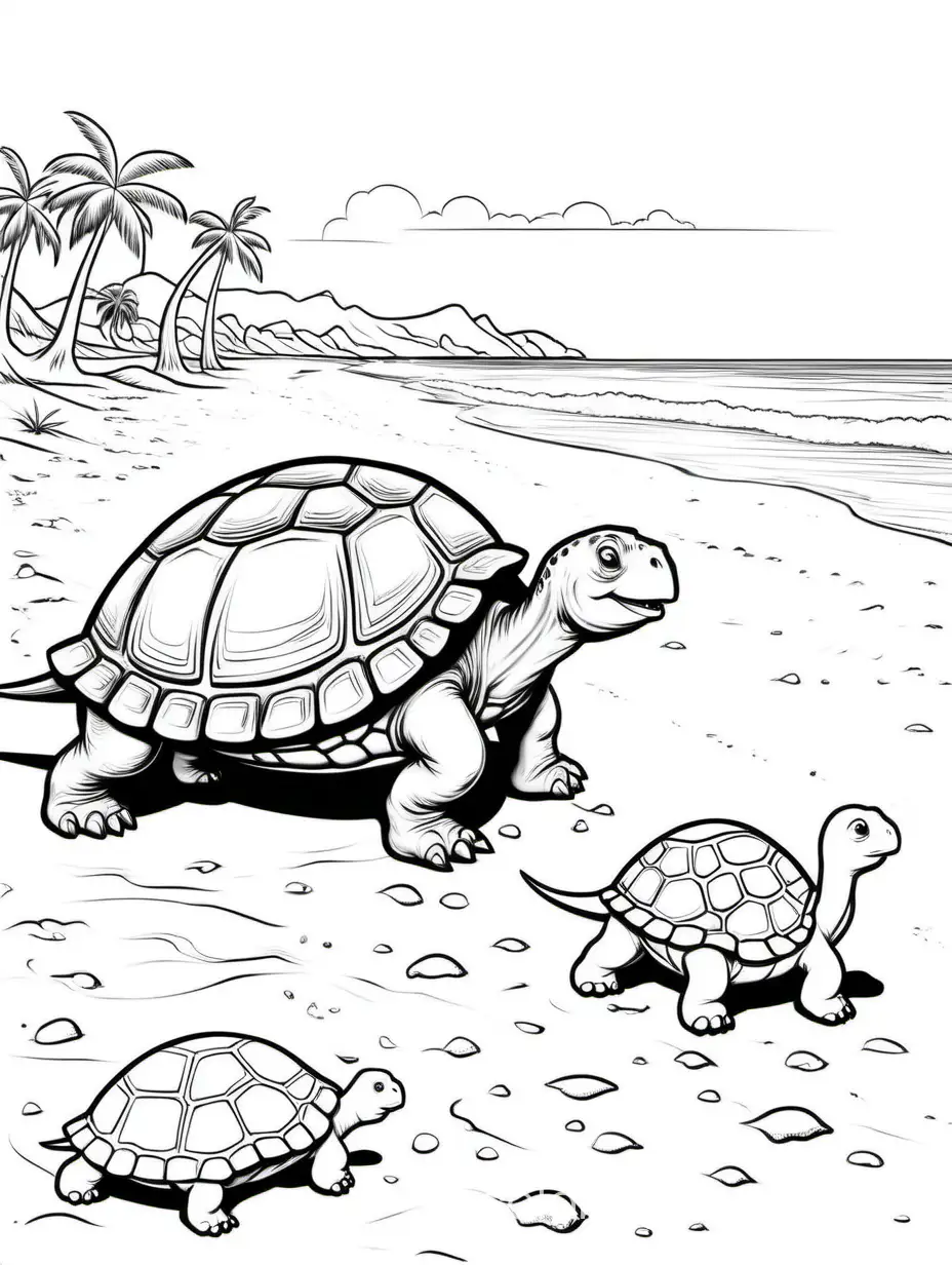 baby dinosaur walking on the beach next to a giant turtle, Coloring Page, black and white, line art, white background, Simplicity, Ample White Space. The background of the coloring page is plain white to make it easy for young children to color within the lines. The outlines of all the subjects are easy to distinguish, making it simple for kids to color without too much difficulty