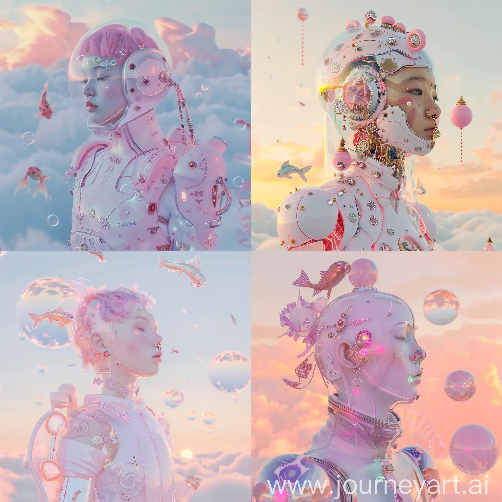 Translucent-Robot-Cyborg-Alien-Girl-in-Pastel-Pink-Spacesuit-at-Sunset
