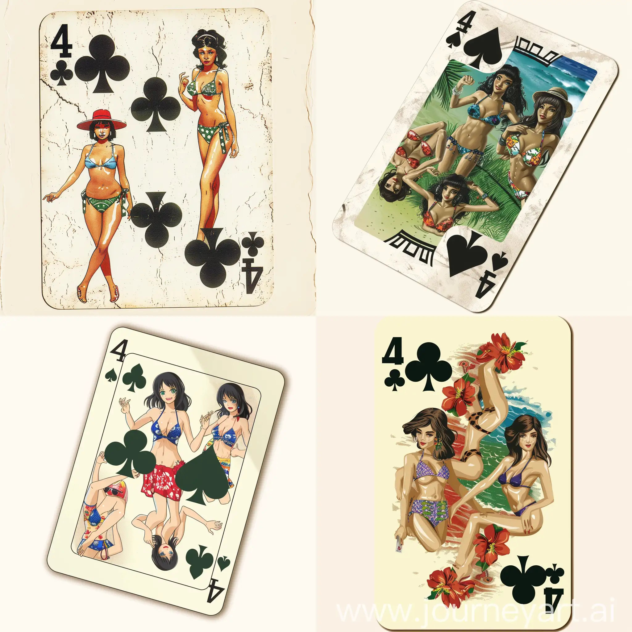 Four-Girls-in-Beachwear-Transform-the-4-of-Clubs-Playing-Card