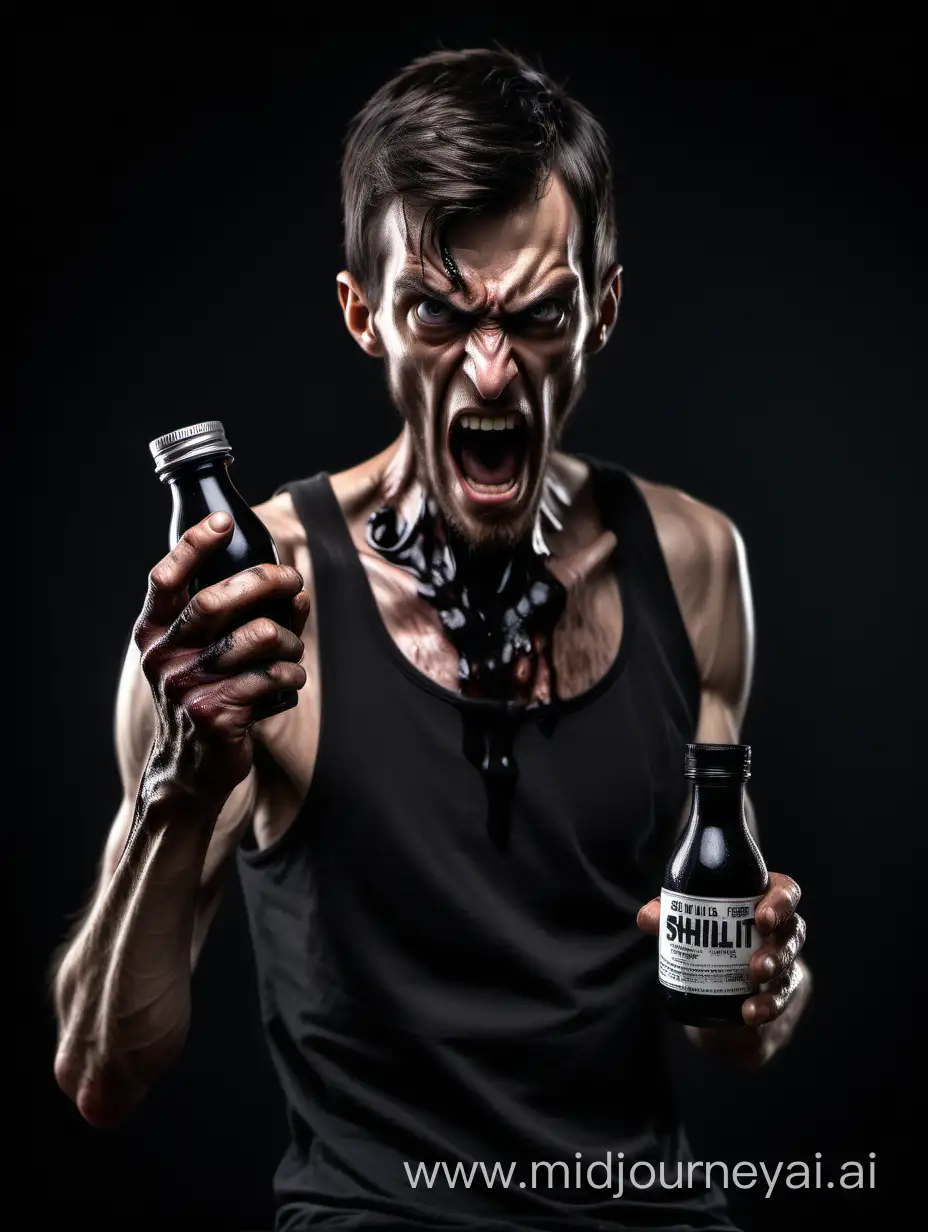 A hyper realistic photo of a angry skinny man who’s is covered in shilajit and is holding a bottle of shilajit in his hand 
