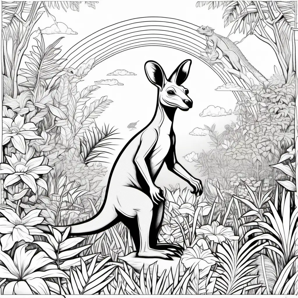 /imagine colouring page for kids, Kangaroo Rex surrounded by a rainbow of jungle flowers, thick lines, low details, no shading --ar 9:11