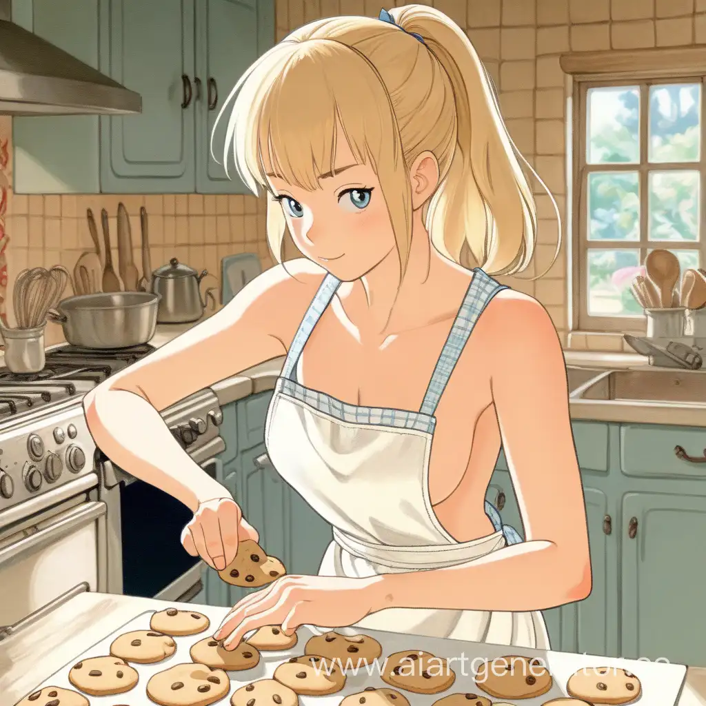 a beautiful naked blonde haired woman wearing an apron, in a kitchen baking cookies, art style of Hayao Miyazaki