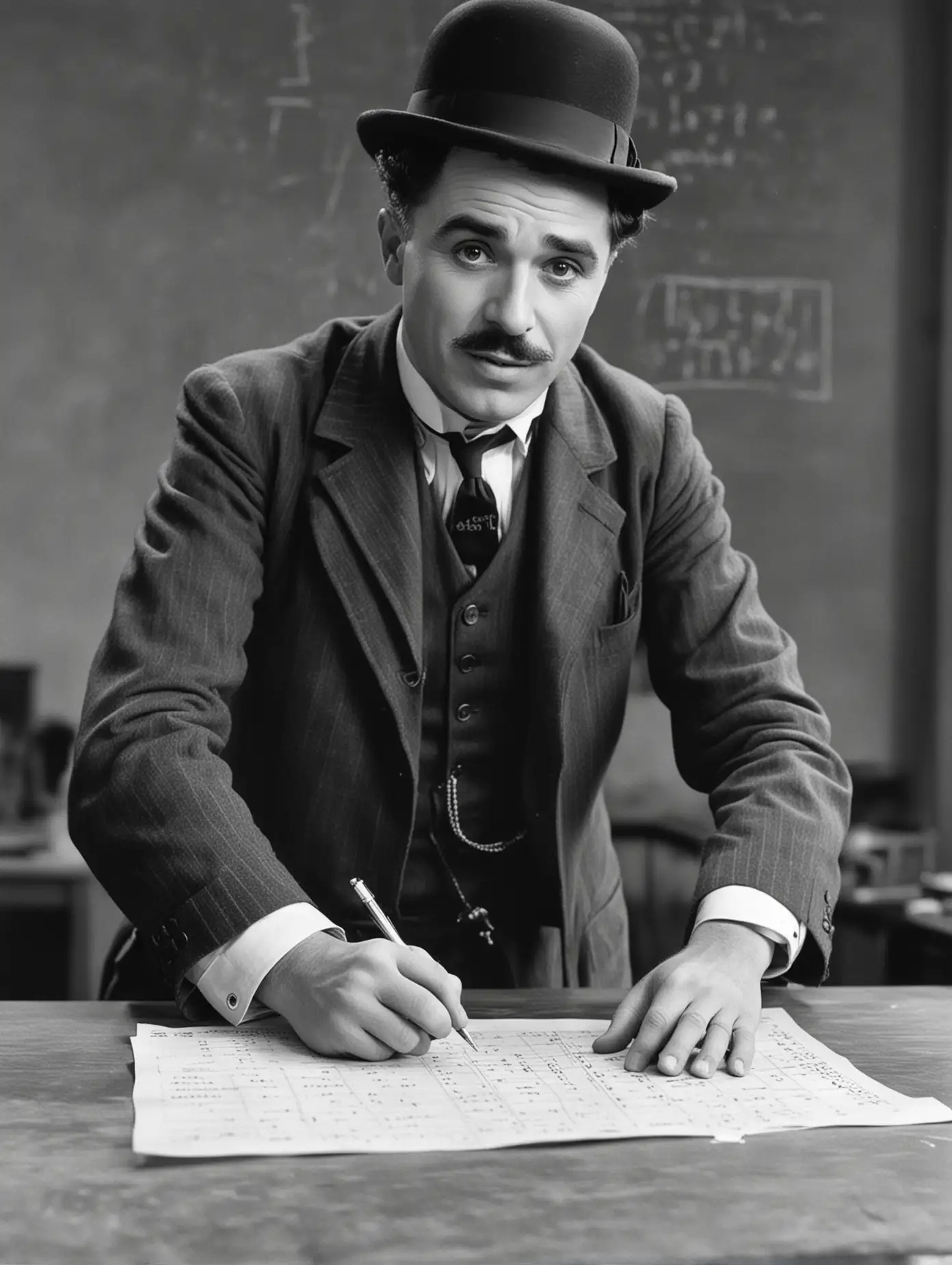 Charlie Chaplin Figure Solving Mathematical Problems
