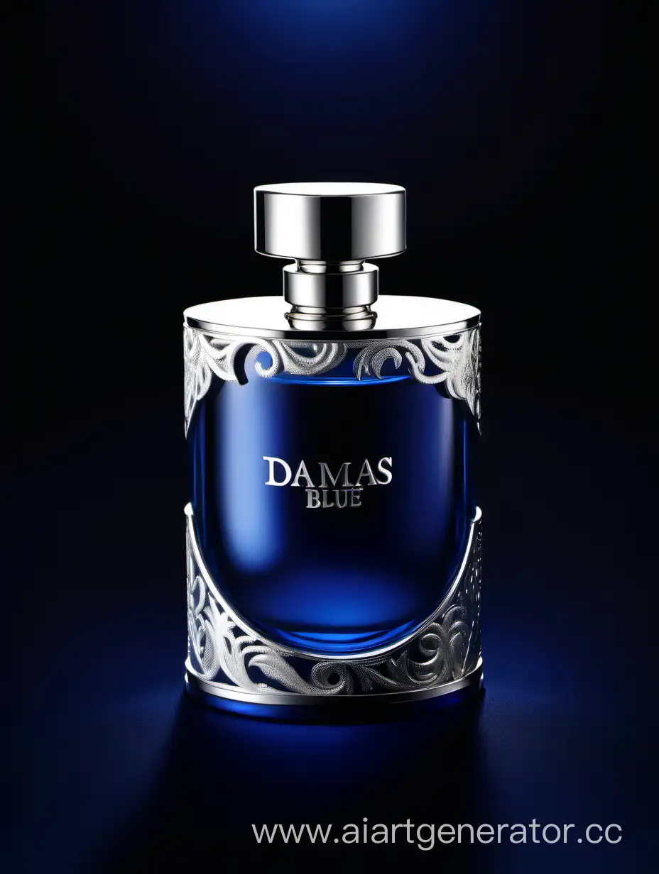 Luxurious-Silver-and-Dark-Matt-Blue-Perfume-with-3D-Details-on-a-Black-Background