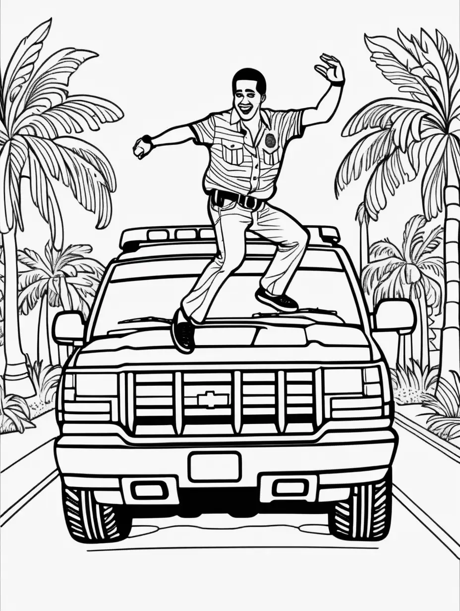 Adult Coloring Book, man dancing on police suv in florida, dancing no background , Black and White, black outline, high contrast
