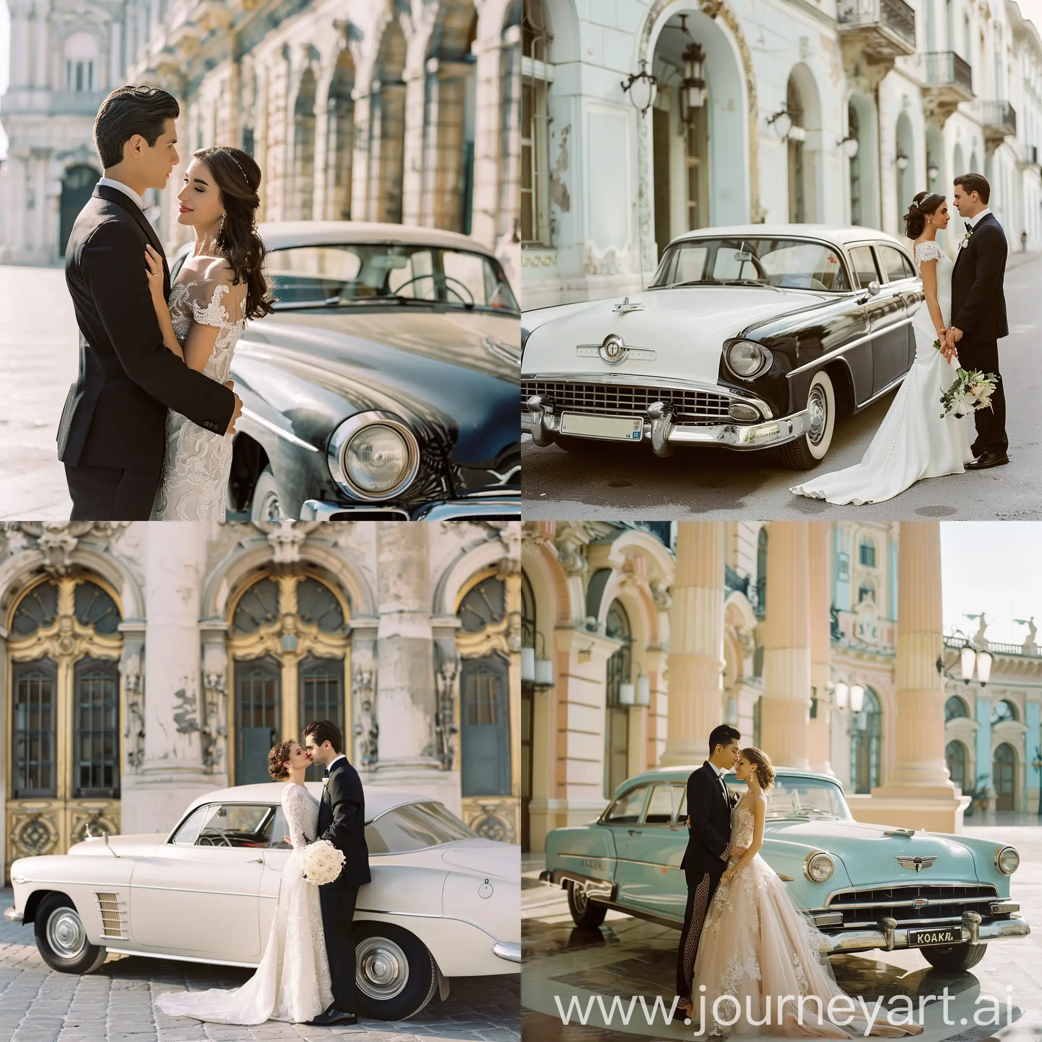 Editorial wedding photoshoot at classic building with classic car using kodak portra 400 with 35mm film