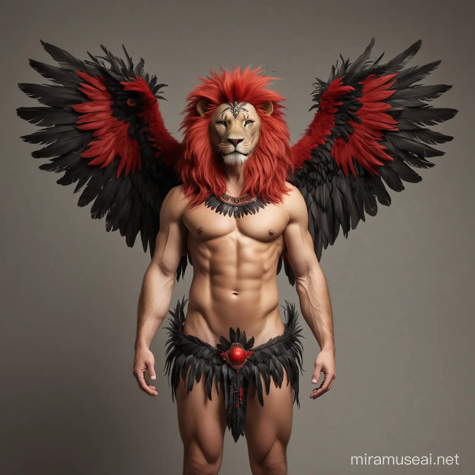 lion body and bird wings with black and red hair and feathers