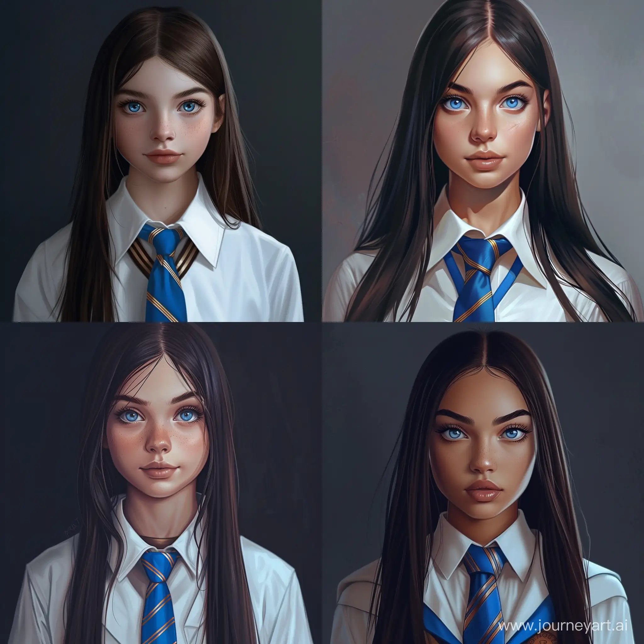 Beautiful girl, straight dark hair, blue eyes, white skin, teenager, 15 years old, Hogwarts, Ravenclaw, white shirt, blue tie with bronze stripes, high quality, high detail, cartoon art